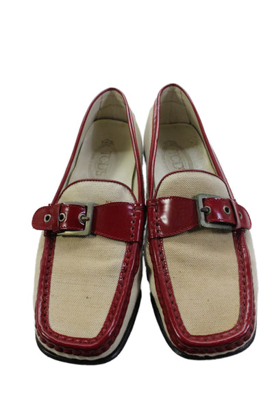 Tods Womens New Guaina Buckle Detail Loafers Shoes White Red Size 9.5