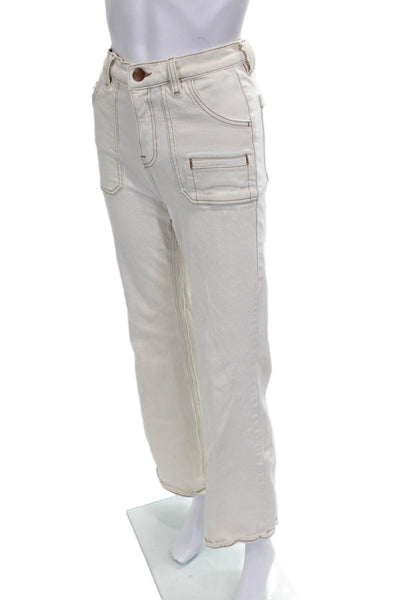 Seventy + Mochi Women Straight Jeans Ivory Cotton Button Mid Rise Size 25