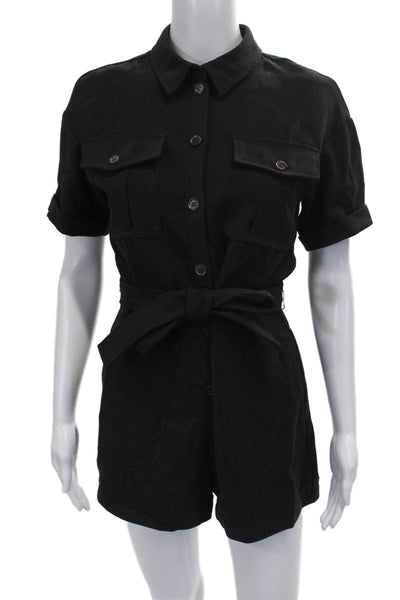 Greylin Anthropologie Women Black Collared Short Sleeve Romper Button Size XS