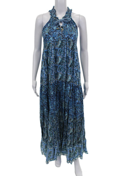 Ro's Garden Women Maxi Floral Halter Sleeveless Blue Cotton Dress Size XS