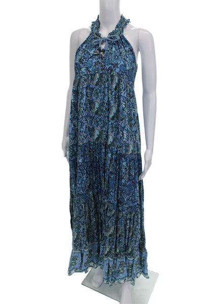 Ro's Garden Women Maxi Floral Halter Sleeveless Blue Cotton Dress Size XS