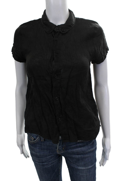 CP Shades Womens Basic Linen Collared Short Sleeve Button Up Top Black Size XS