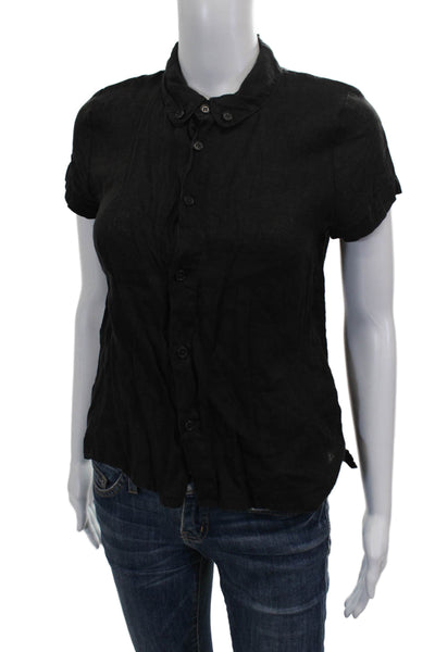 CP Shades Womens Basic Linen Collared Short Sleeve Button Up Top Black Size XS