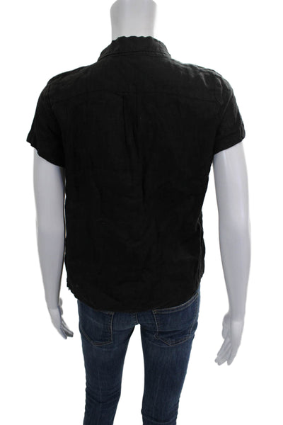 CP Shades Womens Basic Linen Collared Short Sleeve Button Up Top Black Size XS