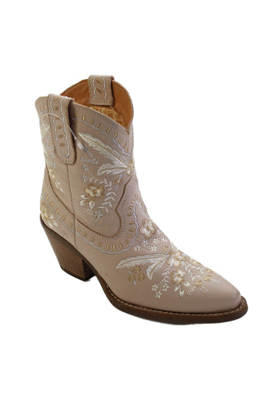 Dingo Womens Leather Floral Embroidered Cowboy Boots Beige Size 6.5 Medium