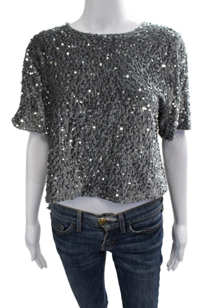 Steve Madden Women Cropped Blouse Gray Polyester Round Neck Short Sleeve Size M