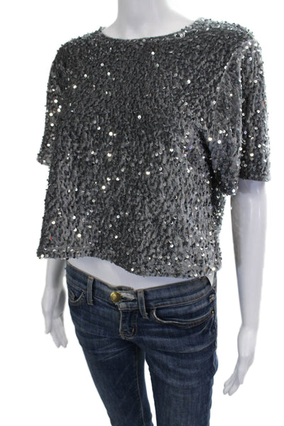 Steve Madden Women Cropped Blouse Gray Polyester Round Neck Short Sleeve Size M