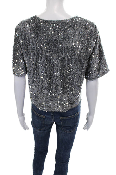 Steve Madden Women Cropped Blouse Gray Polyester Round Neck Short Sleeve Size M