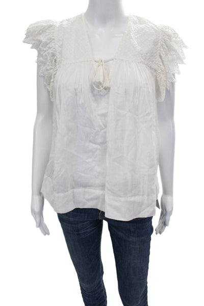 Ulla Johnson Womens Tie V Neck Cotton Tunic Blouse Short Sleeve White Size 6