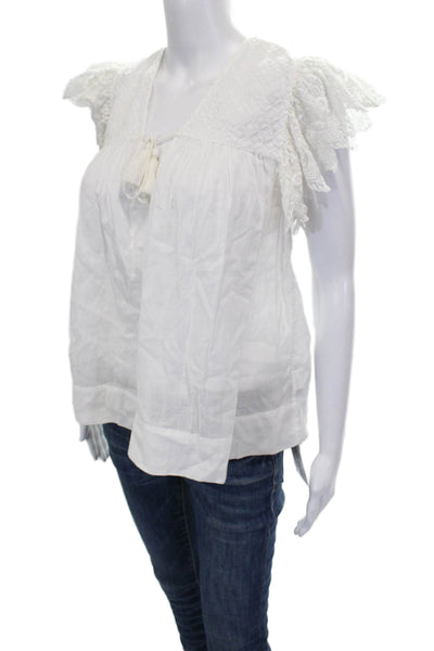 Ulla Johnson Womens Tie V Neck Cotton Tunic Blouse Short Sleeve White Size 6