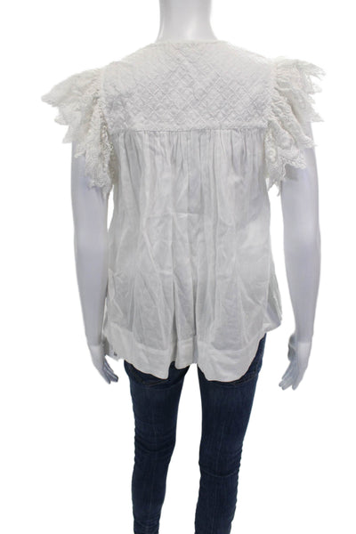 Ulla Johnson Womens Tie V Neck Cotton Tunic Blouse Short Sleeve White Size 6