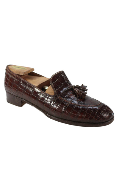 John Lobb Mens Crocodile Tassel Detail Loafers Shoes Brown Size 8.5