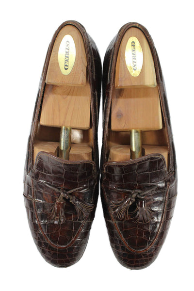 John Lobb Mens Crocodile Tassel Detail Loafers Shoes Brown Size 8.5