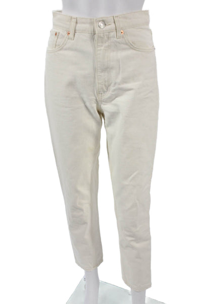 MNG Womens Mom Jeans Ivory High Rise Button 100% Cotton Inseam 29 Size 4