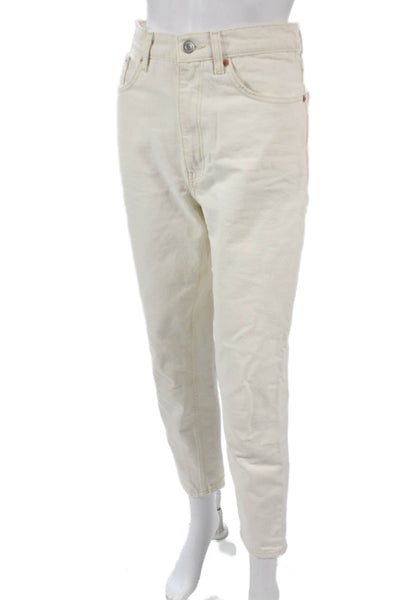 MNG Womens Mom Jeans Ivory High Rise Button 100% Cotton Inseam 29 Size 4