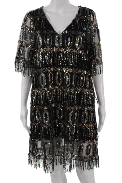 Zara Womens Black V-Neck Shift Dress Half Sleeve Geometric Size S