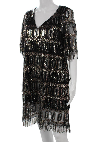 Zara Womens Black V-Neck Shift Dress Half Sleeve Geometric Size S