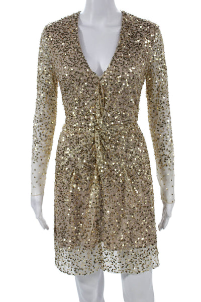 French Connection Women Sheath Dress Gold V-Neck Long Sleeve Knee Length Size 4