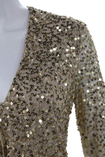 French Connection Women Sheath Dress Gold V-Neck Long Sleeve Knee Length Size 4