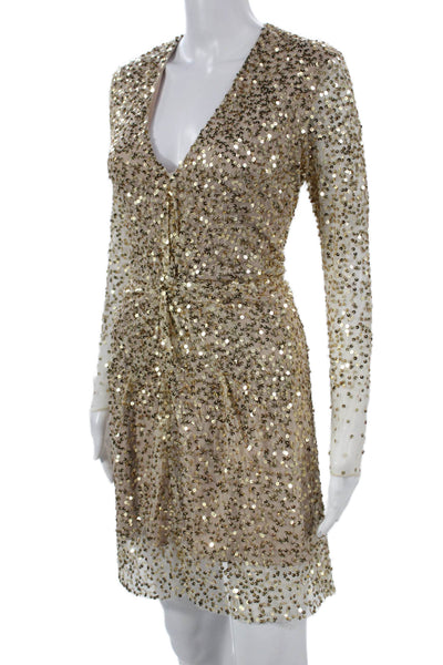 French Connection Women Sheath Dress Gold V-Neck Long Sleeve Knee Length Size 4
