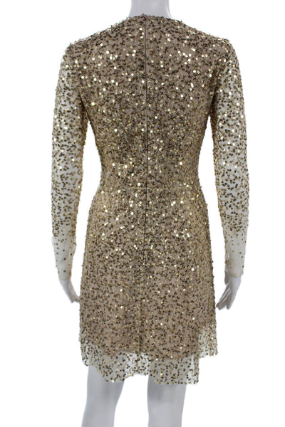 French Connection Women Sheath Dress Gold V-Neck Long Sleeve Knee Length Size 4