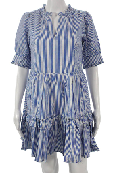 J Crew Women Striped Trapeze Dress Blue V Neck Short Sleeve Cotton Zip Size PXS