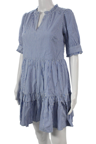 J Crew Women Striped Trapeze Dress Blue V Neck Short Sleeve Cotton Zip Size PXS