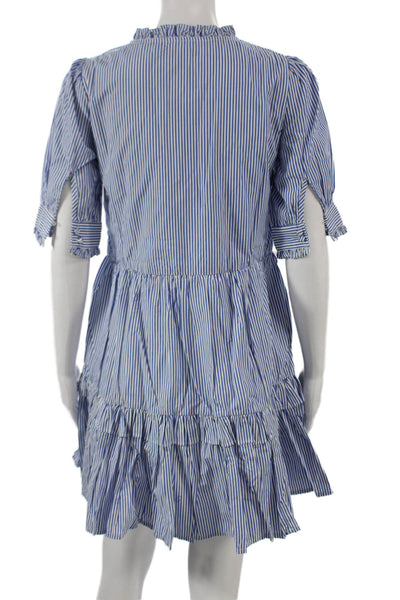 J Crew Women Striped Trapeze Dress Blue V Neck Short Sleeve Cotton Zip Size PXS