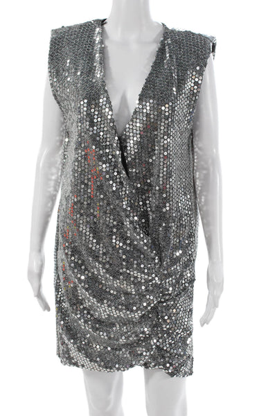Zara Womens Silver Sleeveless Wrap Dress V Neck Polyester Short Size M