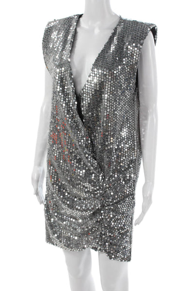 Zara Womens Silver Sleeveless Wrap Dress V Neck Polyester Short Size M