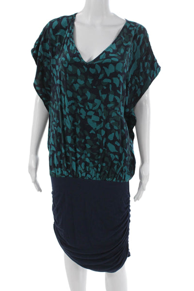 Akiko Womens Blouson Dress Blue Silk V-Neck Short Sleeve Knee Length Size M