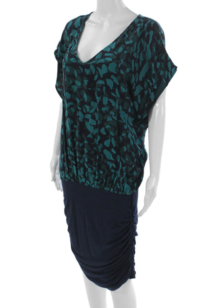 Akiko Womens Blouson Dress Blue Silk V-Neck Short Sleeve Knee Length Size M