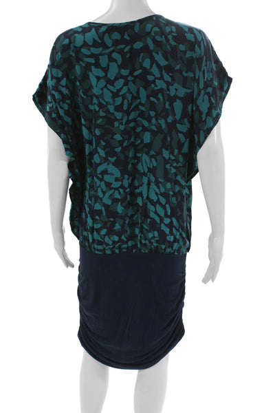 Akiko Womens Blouson Dress Blue Silk V-Neck Short Sleeve Knee Length Size M