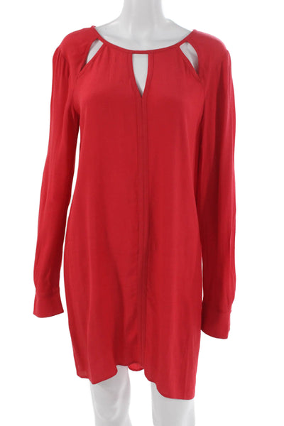 BCBGMAXAZRIA Womens Red V-Neck Long Sleeve Shift Dress Viscose Button Size M