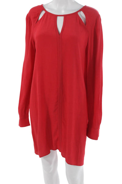 BCBGMAXAZRIA Womens Red V-Neck Long Sleeve Shift Dress Viscose Button Size M