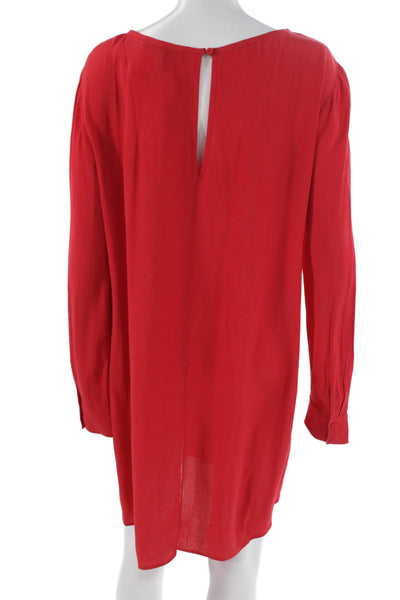 BCBGMAXAZRIA Womens Red V-Neck Long Sleeve Shift Dress Viscose Button Size M