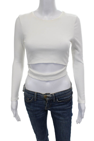 Olivaceous Women Cropped Cotton Long Sleeve T-Shirt White Round Neck Size M
