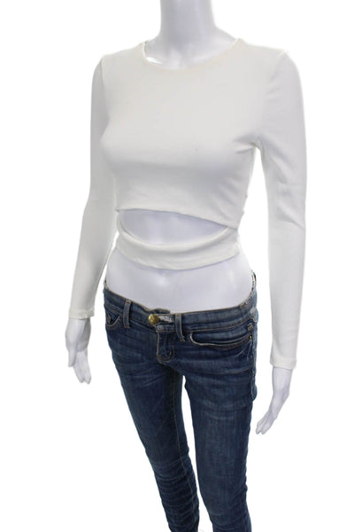 Olivaceous Women Cropped Cotton Long Sleeve T-Shirt White Round Neck Size M