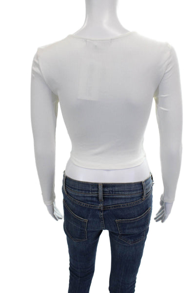Olivaceous Women Cropped Cotton Long Sleeve T-Shirt White Round Neck Size M