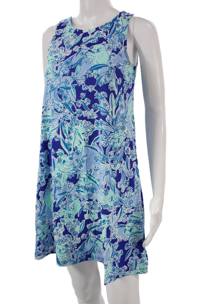 Lilly Pulitzer Women Blue Floral Pima Cotton Shift Dress Sleeveless Size XS