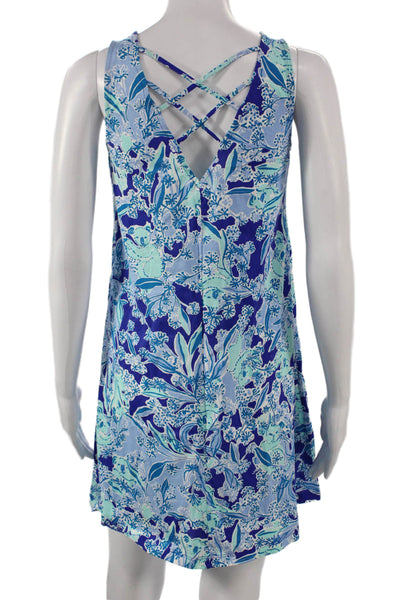 Lilly Pulitzer Women Blue Floral Pima Cotton Shift Dress Sleeveless Size XS