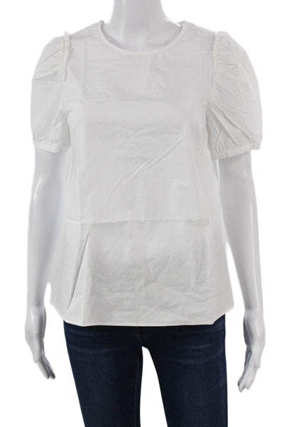 J Crew Womens Basic Cotton Blouse White Round Neck Short Sleeve Button Size XS