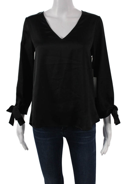CeCe Womens Basic V-Neck 3/4 Sleeve Black Polyester Blouse Size XS