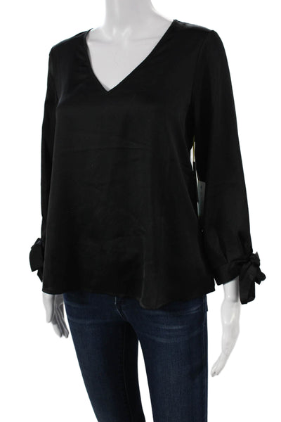 CeCe Womens Basic V-Neck 3/4 Sleeve Black Polyester Blouse Size XS