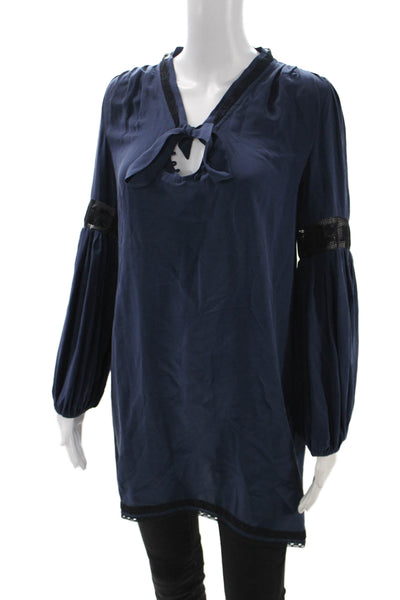 Joie Womens Silk V-Neck Tunic Blouse Blue Long Sleeve Tie Size XS