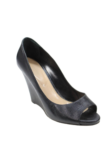 Sergio Rossi Womens Slip On Wedge Heel Peep Toe Pumps Black Leather Size 40.5