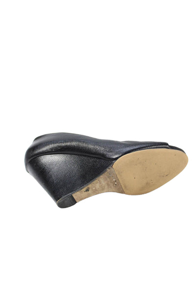 Sergio Rossi Womens Slip On Wedge Heel Peep Toe Pumps Black Leather Size 40.5