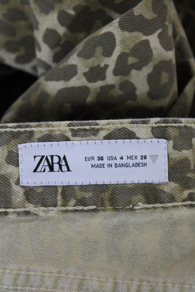 Zara Womens Straight Brown Animal Print Cotton Button Jeans Size 4