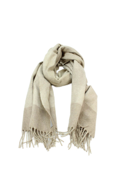 Agnona Womens Wool Checkered Print Fringed Classic Scarf Beige Size 72" x 20"