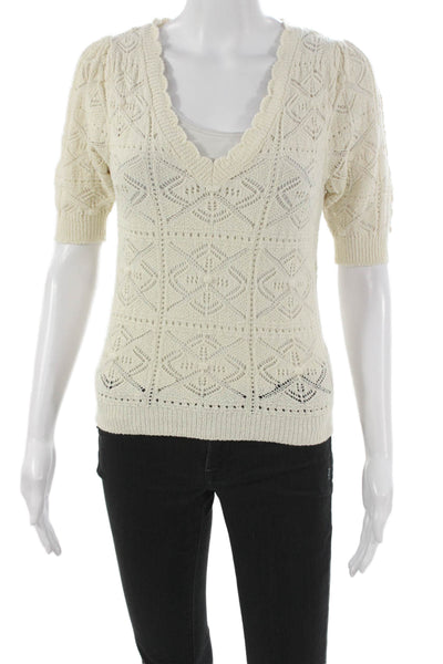 MNG Womens Pullover Sweater V-Neck Geometric Cotton Short Sleeve Ivory Size S